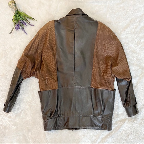 VINTAGE 80s Croc Embossed Brown Leather Jacket - Picture 6 of 8